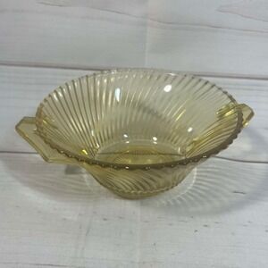Vintage Yellow Depression Glass Bowl Candy Dish with Handles Ribbed‎ Design
